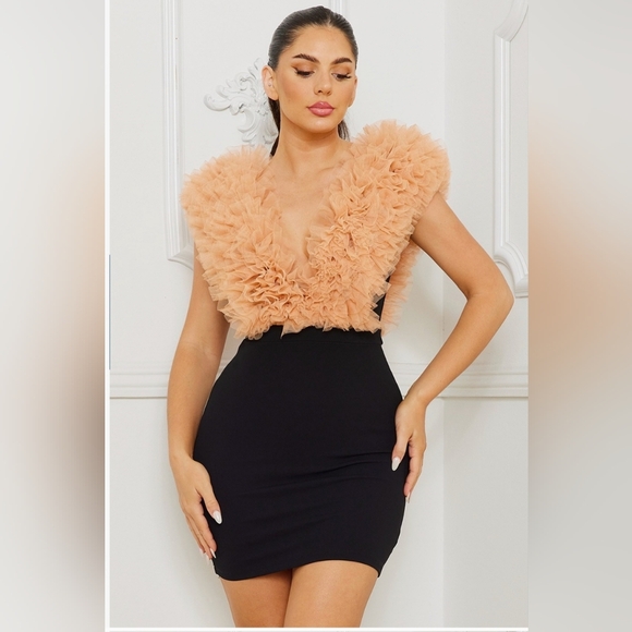 Dresses & Skirts - NWOT -- Black Bodycon Mini Dress with Dramatic Peach Ruffles